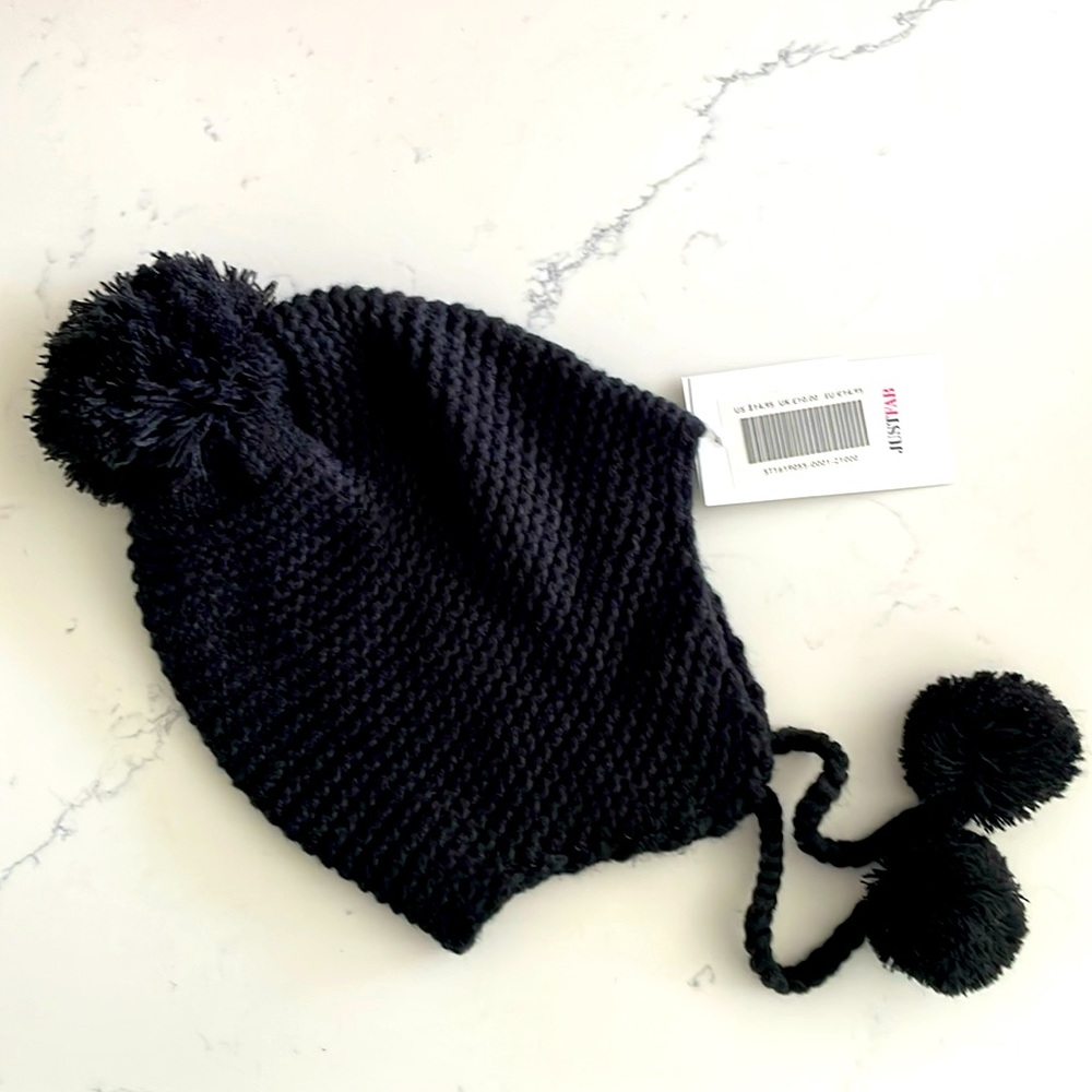 JUSTFAB. Black Pom Pom Hat. NWT.